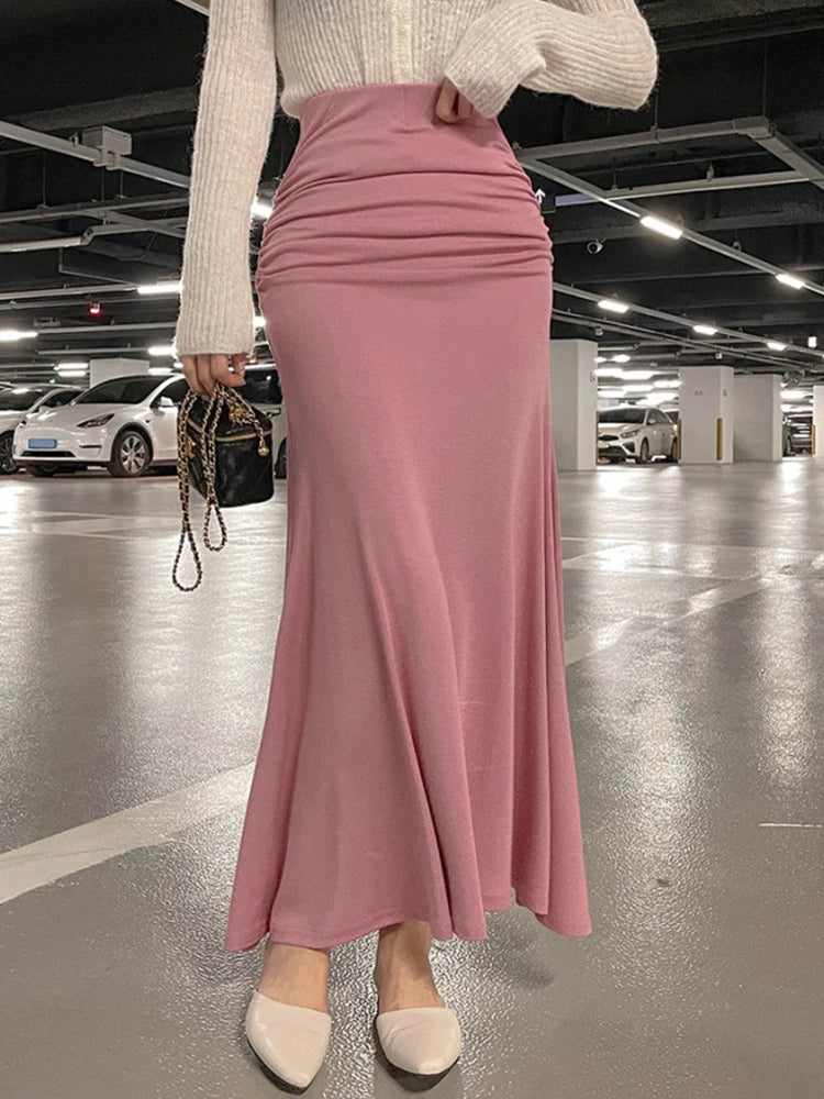 Shirring Satin Skirts for Women High Waisted Skirt 2024 Women A-Line Elegant Skirts Summer Pink Midi Skirt New Korean Style