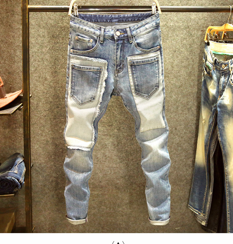 Patchwork Jeans Men's Multi-pocket Skinny Trousers
