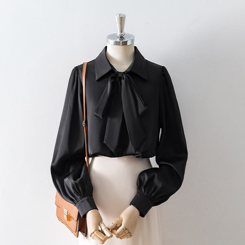 White Satin Bow Lapel Shirt For Women